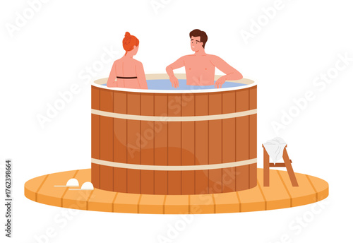 Man and woman enjoying a relaxing bathhouse hot tub on isolated white background vector illustration