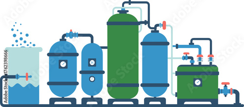 Industrial water filtration system with modern tanks and connected pipes, illustrating clean water treatment process and sustainable purification technology