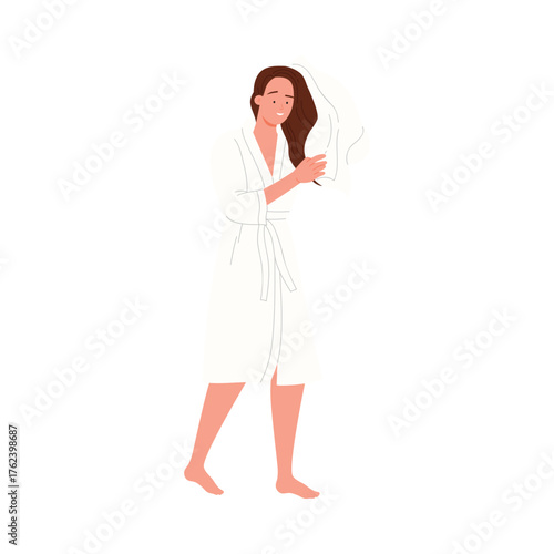Young woman in bathrobe drying hair with towel after bathhouse spa isolated vector illustration