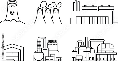 Minimalist line art illustration of various industrial factory buildings, power plant cooling towers, nuclear station,
