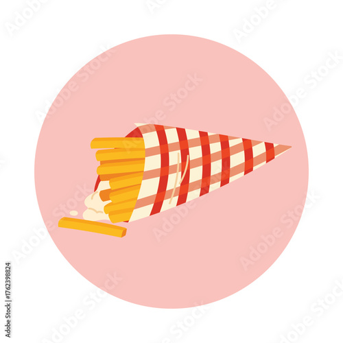 Crispy Belgian fries served in a checkered cone with mayonnaise on a pink isolated background vector illustration