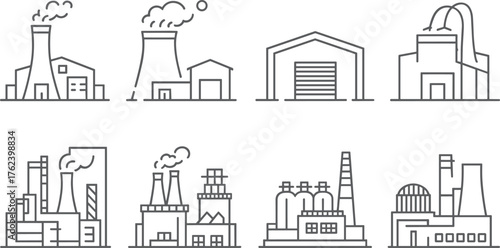 Minimalist line art illustration of various industrial factory buildings, power plant cooling towers, nuclear station,