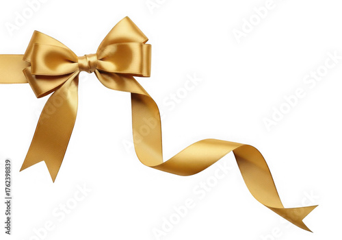 Golden satin ribbon tied in a bow flowing tails, isolated on transparent background