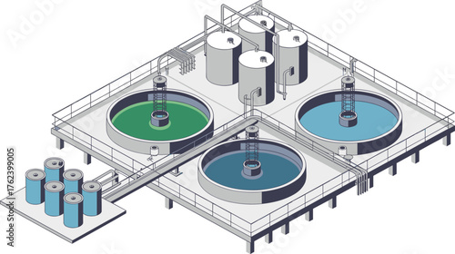 Modern industrial wastewater treatment plant with sedimentation tanks, chemical storage tanks