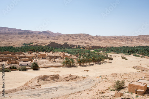 Aerial view of ruins of of Tamerza or Tamaghza, and palm forest around. Tunisia.