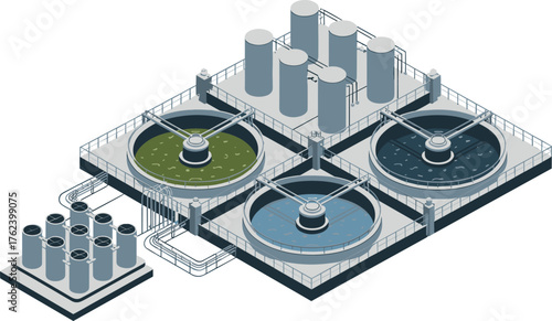 Modern industrial wastewater treatment plant with sedimentation tanks, chemical storage tanks
