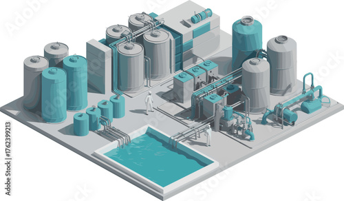 Modern industrial water treatment facility with storage tanks, advanced filtration system,