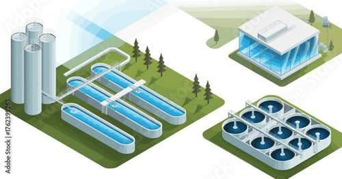 Modern industrial water treatment plant facility with purification tanks, circular sedimentation pools, storage silos