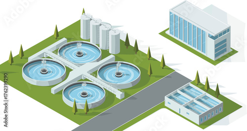 Modern industrial water treatment plant facility with purification tanks, circular sedimentation pools, storage silos
