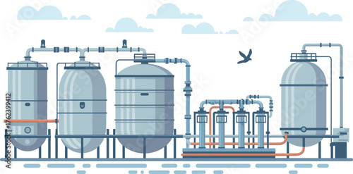 Modern industrial water treatment plant system with filtration tanks, pressure vessels, pipelines, clean energy process equipment,