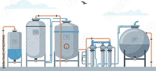 Modern industrial water treatment plant system with filtration tanks, pressure vessels, pipelines, clean energy process equipment,