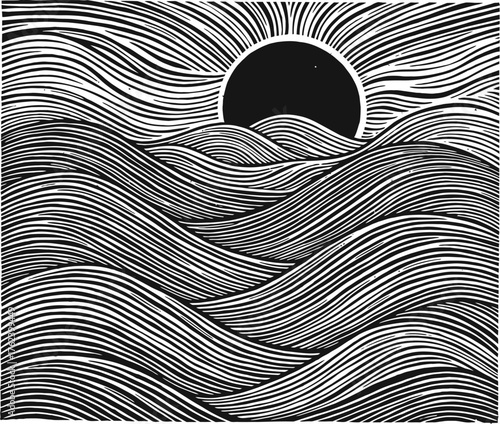 Layered Linocut Style Panorama of Hills and Setting Sun