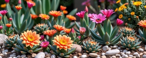 Wallpaper Mural Vintage garden scene of blooming succulents and cacti adorned with small rocks, potted cacti, detailed texture, low-water plants Torontodigital.ca
