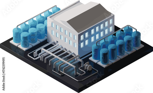 Modern industrial water treatment plant with large blue storage tanks, clean white building, metal pipes system,