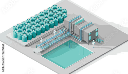 Modern industrial water treatment plant with storage tanks, automated filtration system, blue pipelines,