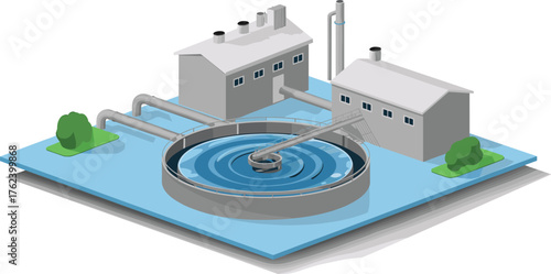 Modern wastewater treatment plant with circular sedimentation tank, clean technology pipes, industrial purification buildings