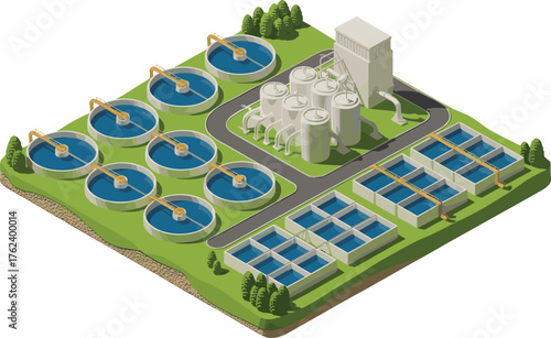 Modern wastewater treatment plant with circular sedimentation tanks and rectangular clarifiers