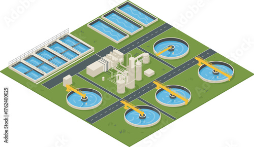 Modern wastewater treatment plant with circular sedimentation tanks and rectangular clarifiers