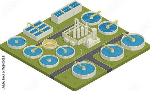 Modern wastewater treatment plant with circular sedimentation tanks and rectangular clarifiers
