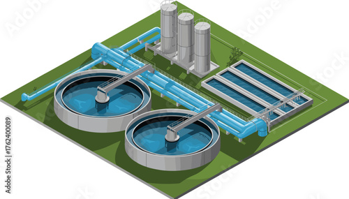 Modern wastewater treatment plant with large circular sedimentation tanks, chemical storage silos, filtration units