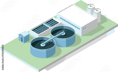 Modern water treatment plant facility with large circular settling tanks and filtration basin,
