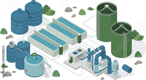 Modern water treatment plant with blue storage tanks, filtration pools, clean water reservoirs, and industrial pipelines,