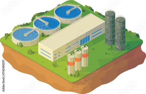 Modern water treatment plant with circular filtration tanks, industrial silos, and green landscape, sustainable wastewater purification system architecture illustration