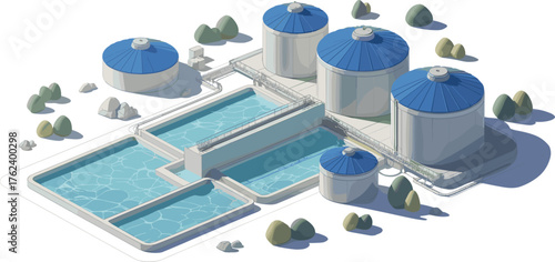 Modern water treatment plant with blue storage tanks, filtration pools, clean water reservoirs, and industrial pipelines,