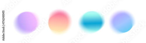 Set gradient round blur shape. Gradation color mesh noise texture on white background. Green, blue fluid aura, water splash, abstract blob watercolor effect. Vector translucent illustration