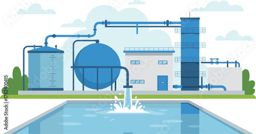 Modern water treatment plant with industrial blue pipes, clean reservoir pool, and futuristic storage tank under clear sky,