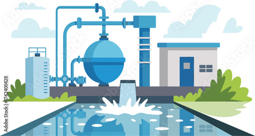 Modern water treatment plant with industrial blue pipes, clean reservoir pool, and futuristic storage tank under clear sky,