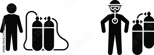 Safety worker wearing protective mask and helmet using oxygen gas cylinders, industrial safety equipment and gas tank icons illustration
