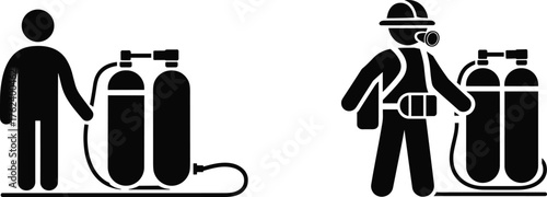 Safety worker wearing protective mask and helmet using oxygen gas cylinders, industrial safety equipment and gas tank icons illustration