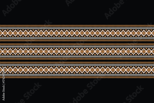 Black color background with ethnic pattern traditional motif ikat geometric fabric pattern cross stitch.Ikat embroidery oriental pixel,abstract,vector,texture art. 