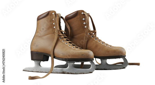 Pair of vintage brown leather ice skates isolated on transparent background
