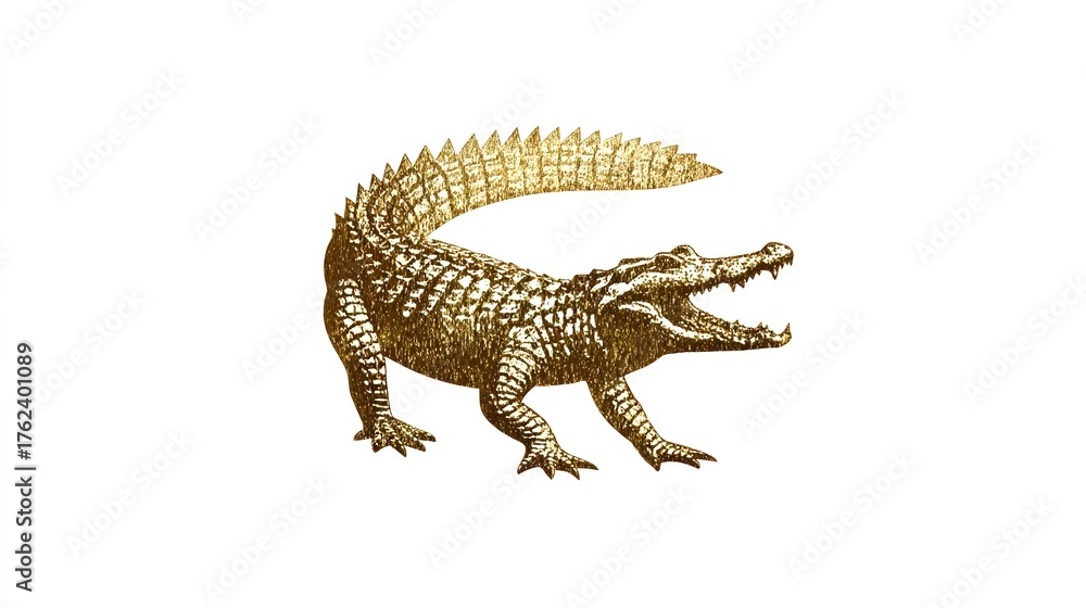 Obraz premium Minimalist gold crocodile logo, sleek and powerful design on a clean background. Concept: Branding, luxury logo design, strength and resilience symbol, wildlife inspiration, modern and elegant aesthe