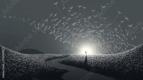 Dreamlike glowing landscape of a person standing in illuminated dandelion field with surreal light and poetic fantasy atmosphere vector illustration.