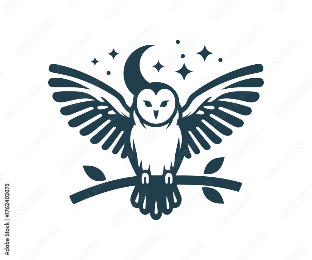 Obraz premium Owl on a branch with moon and stars illustration
