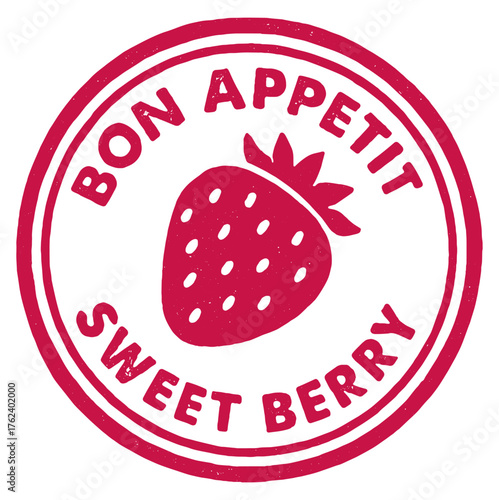 Stamp featuring a strawberry and the words Bon Appetit and Sweet Berry, highlighting fresh fruits for summer enjoyment
