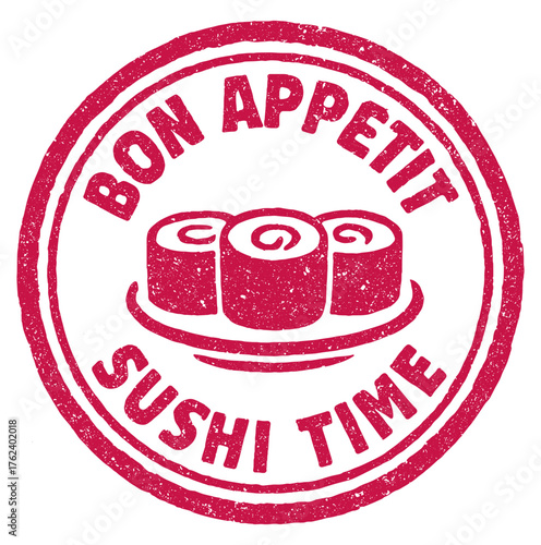 Savor delicious sushi time with a playful red rubber stamp design inviting everyone to enjoy fresh flavors