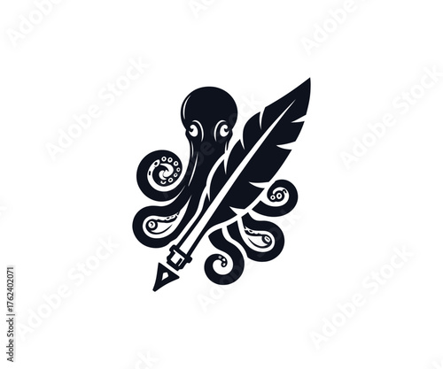 Illustration of octopus holding a feather quill