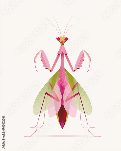Pink praying mantis insect illustration in geometric style