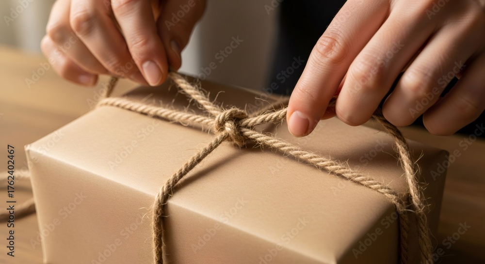 Obraz premium Woman hand tying rope knot on brown paper box. Eco friendly packaging concept. Sustainable gift wrapping for special occasion.