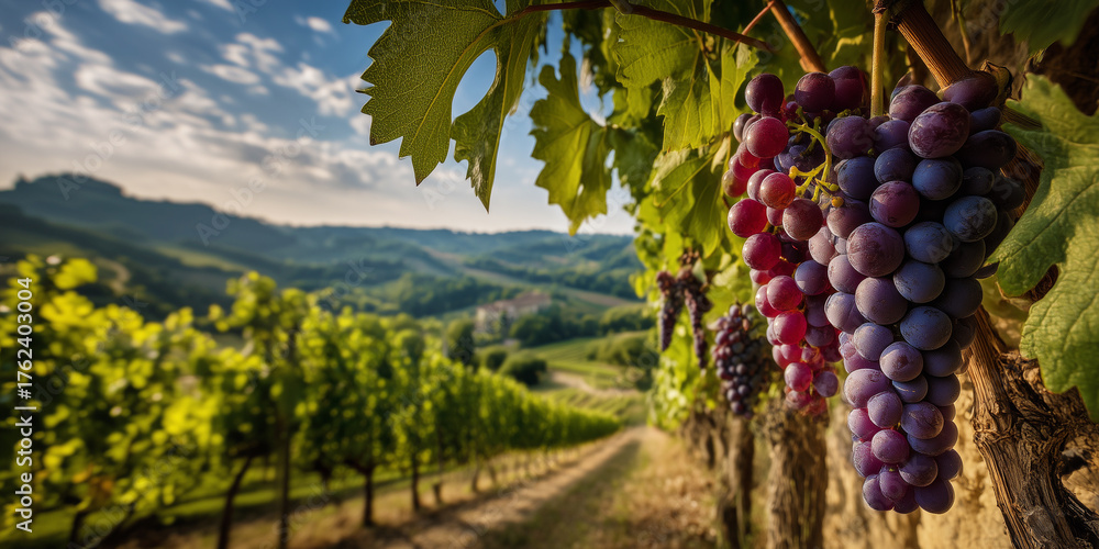 Fototapeta premium Scenic vineyard rows stretching across hills with mature grapes ready for harvest under warm sunlight