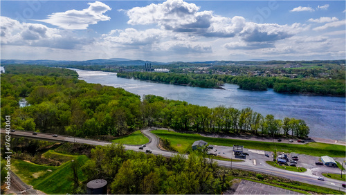 Aerial landscape of Susquehanna River Valley in Sunbury rural Appalachia Central Pennsylvania PA