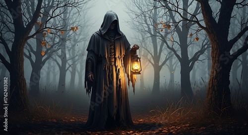 Hooded grim reaper holding lantern in dark foggy forest
