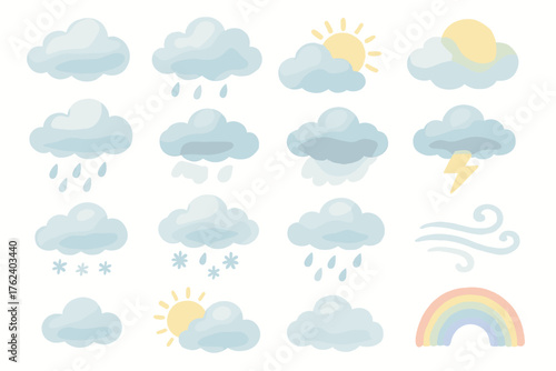colorful icons representing various weather conditions. Each element is rendered in soft pastel colors, creating a friendly and decorative style for design or illustrations.