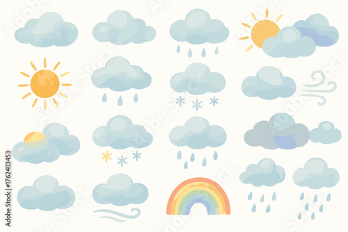 colorful icons representing various weather conditions. Each element is rendered in soft pastel colors, creating a friendly and decorative style for design or illustrations.