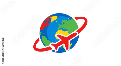 Global travel agency logo with airplane and world.