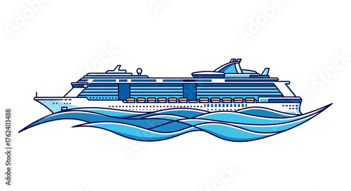 Cruise ship sailing on the ocean waves, blue color.